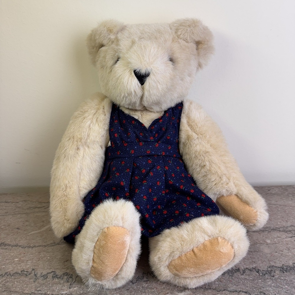 Vermont Teddy Bear Plush Blue Apple Dress Stuffed Animal 16" Fully Jointed